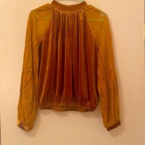 Free People Gold Velvet Top with lace sleeves!